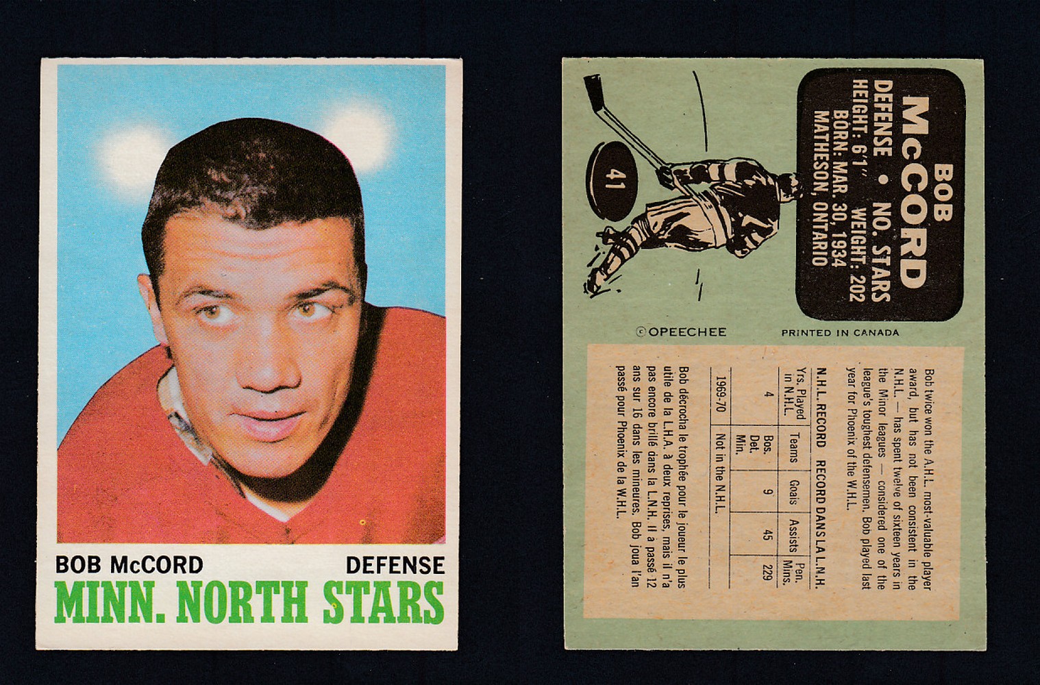 1970-71 O-PEE-CHEE HOCKEY CARD #41 B. McCORD photo 1970-71 O-PEE-CHEE HOCKEY CARD #41 B. McCORD photo