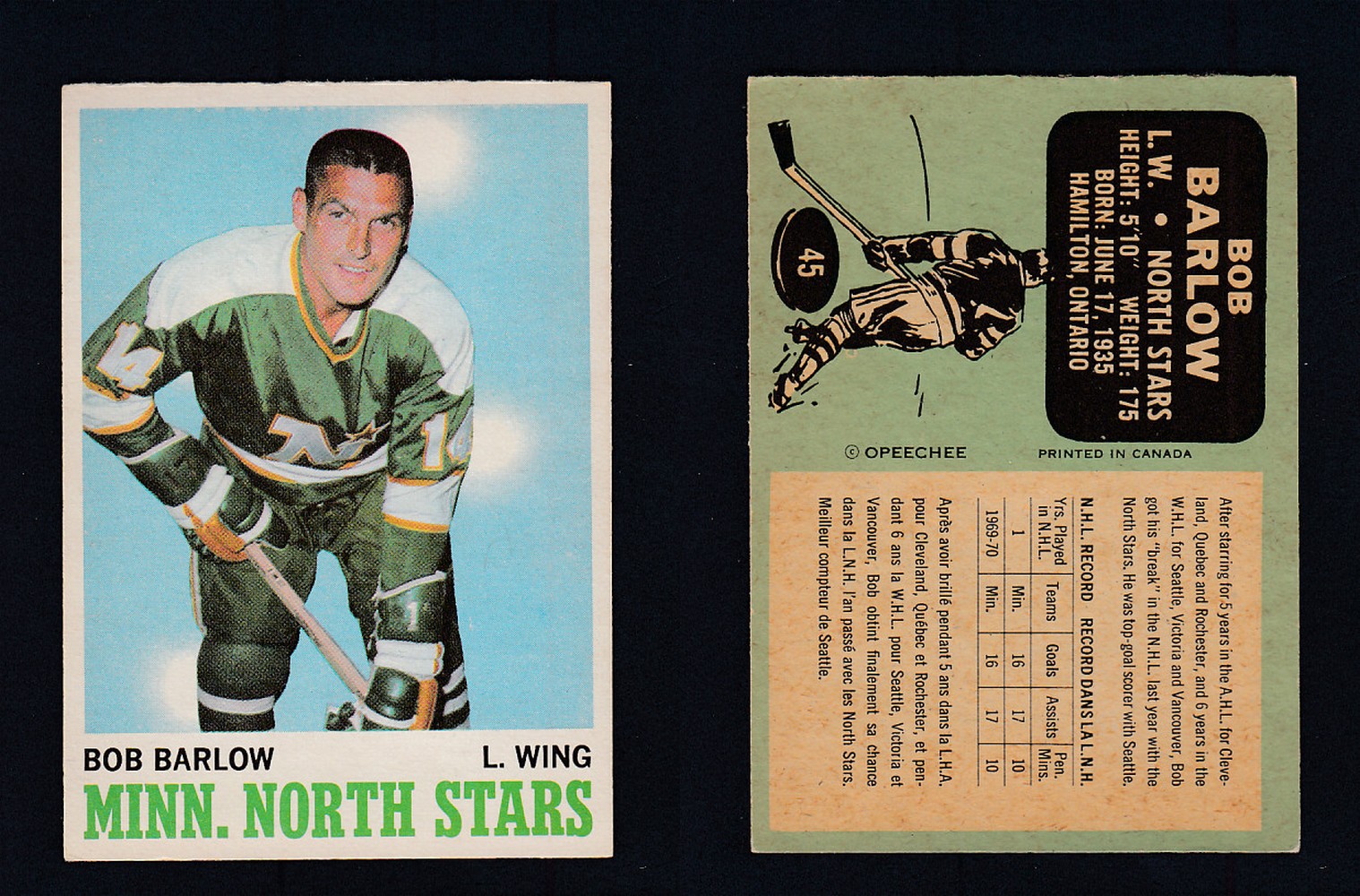 1970-71 O-PEE-CHEE HOCKEY CARD #45 B. BARLOW photo 1970-71 O-PEE-CHEE HOCKEY CARD #45 B. BARLOW photo