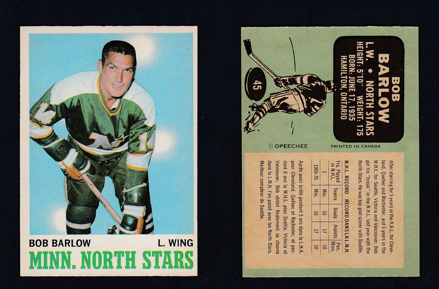 1970-71 O-PEE-CHEE HOCKEY CARD #45 B. BARLOW photo