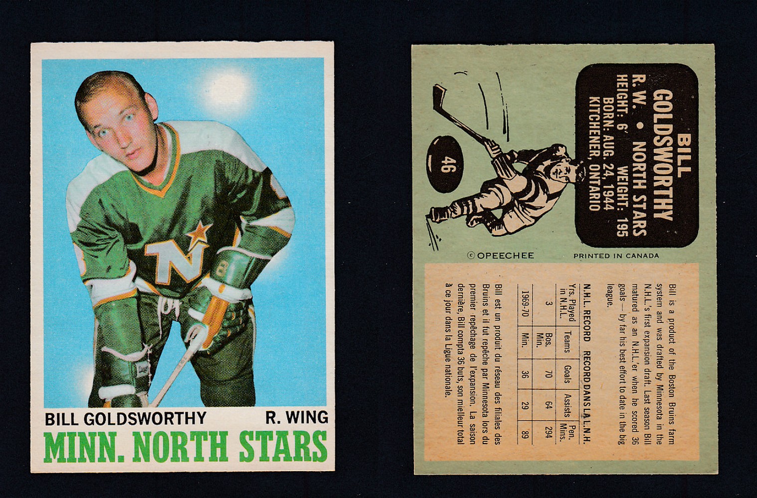 1970-71 O-PEE-CHEE HOCKEY CARD #46 B. GOLDSWORTHY photo