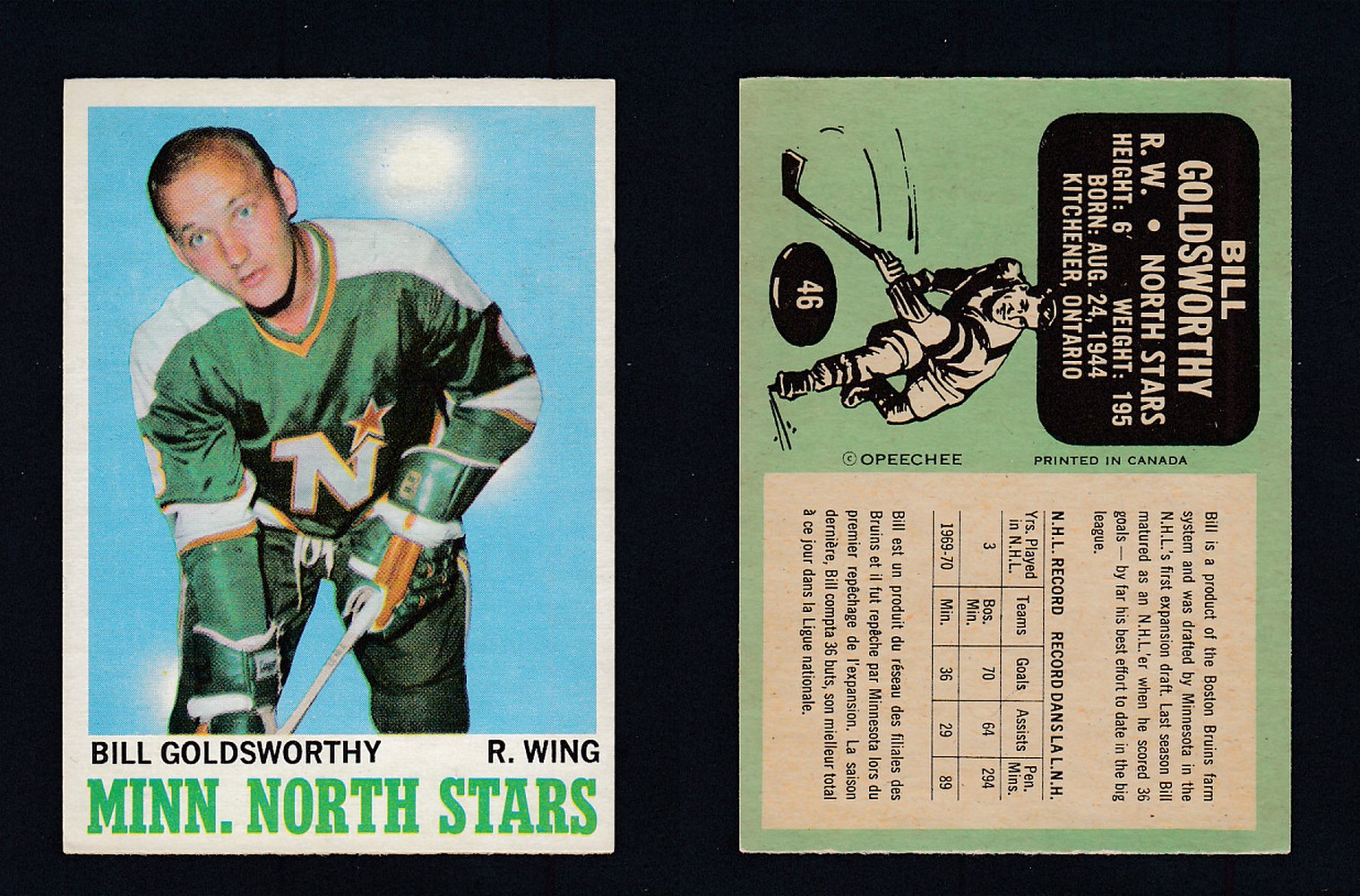 1970-71 O-PEE-CHEE HOCKEY CARD #46 B. GOLDSWORTHY photo 1970-71 O-PEE-CHEE HOCKEY CARD #46 B. GOLDSWORTHY photo