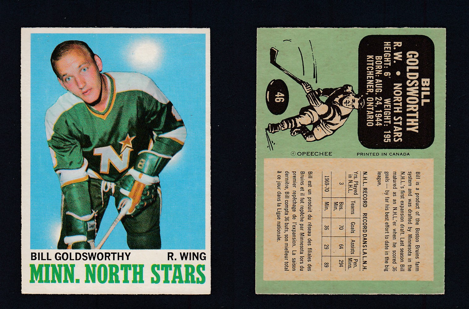 1970-71 O-PEE-CHEE HOCKEY CARD #46 B. GOLDSWORTHY photo
