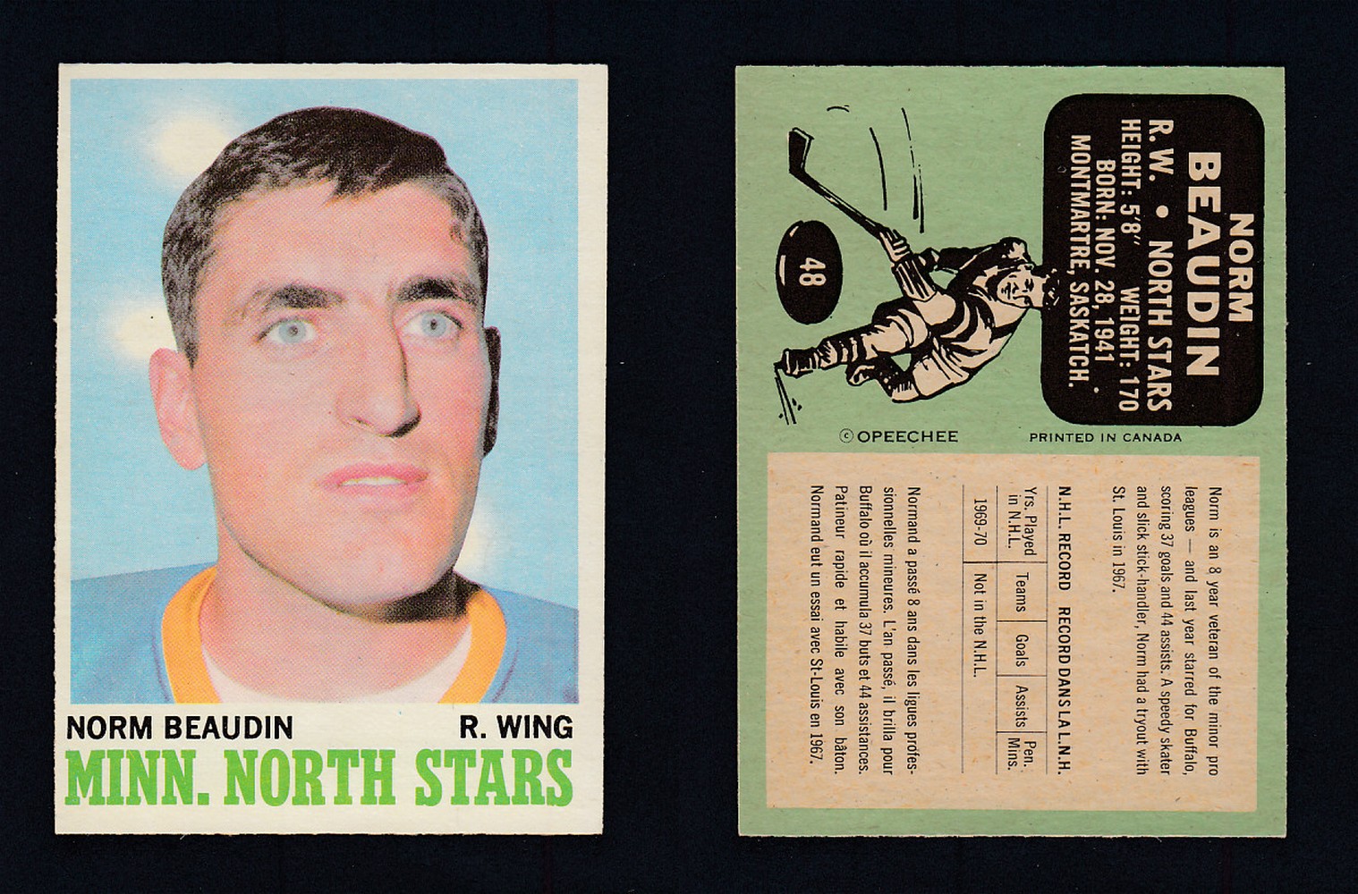 1970-71 O-PEE-CHEE HOCKEY CARD #48 N. BEAUDIN photo 1970-71 O-PEE-CHEE HOCKEY CARD #48 N. BEAUDIN photo