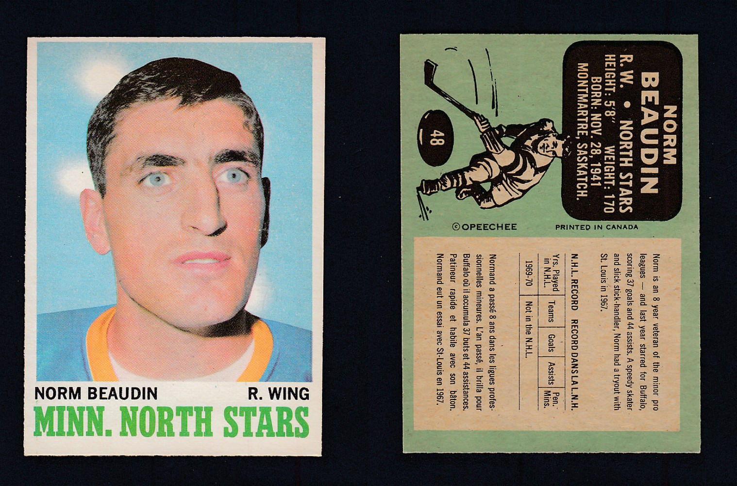 1970-71 O-PEE-CHEE HOCKEY CARD #48 N. BEAUDIN photo 1970-71 O-PEE-CHEE HOCKEY CARD #48 N. BEAUDIN photo