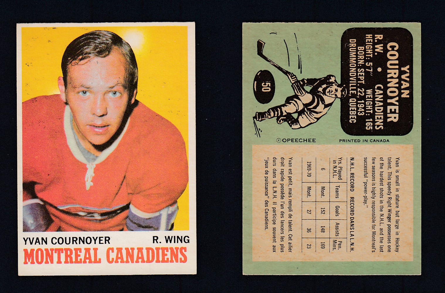 1970-71 O-PEE-CHEE HOCKEY CARD #50 Y. COURNOYER photo 1970-71 O-PEE-CHEE HOCKEY CARD #50 Y. COURNOYER photo