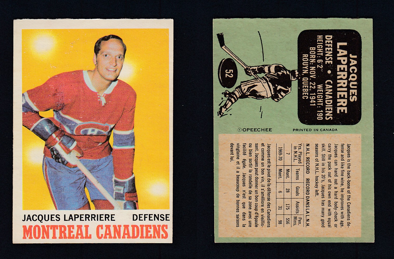 1970-71 O-PEE-CHEE HOCKEY CARD #52 J. LAPERRIERE photo 1970-71 O-PEE-CHEE HOCKEY CARD #52 J. LAPERRIERE photo