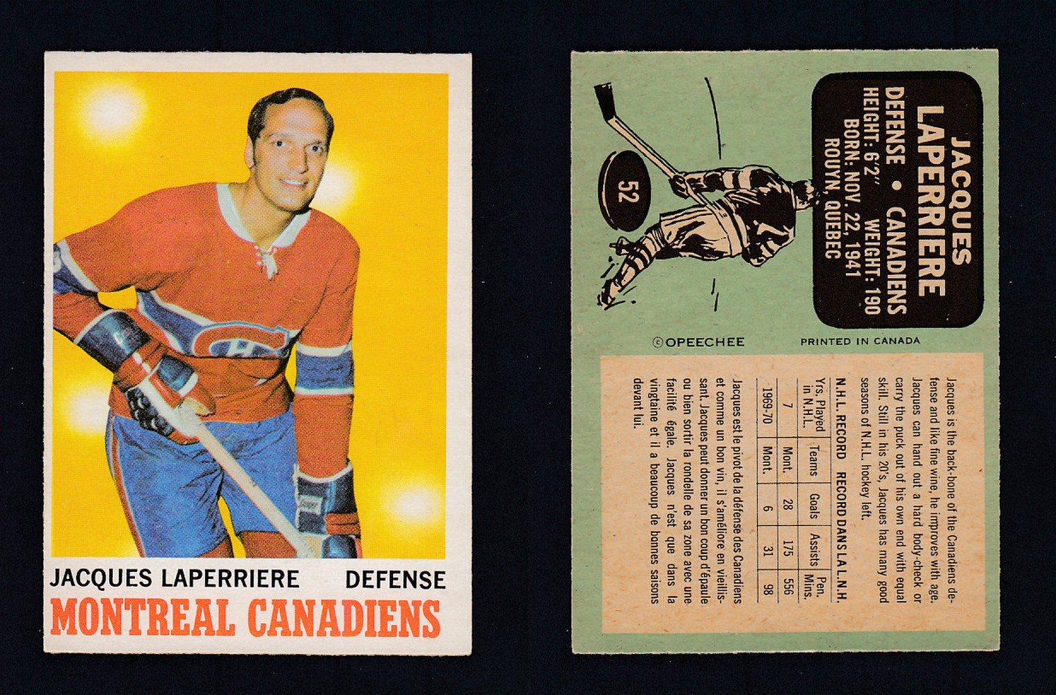 1970-71 O-PEE-CHEE HOCKEY CARD #52 J. LAPERRIERE photo 1970-71 O-PEE-CHEE HOCKEY CARD #52 J. LAPERRIERE photo