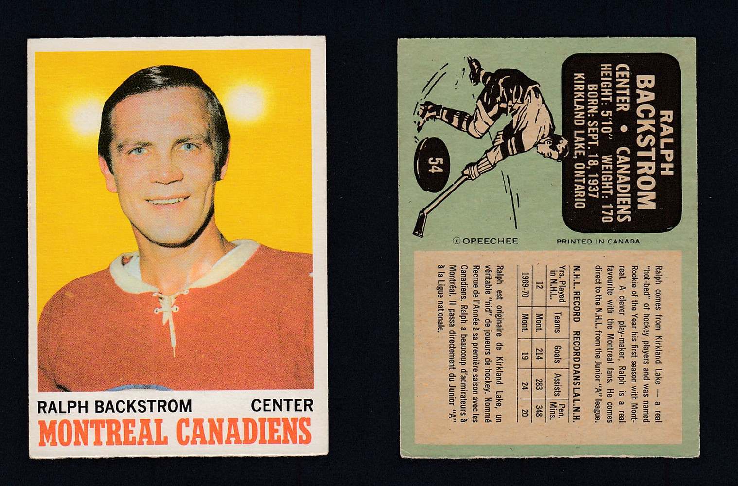 1970-71 O-PEE-CHEE HOCKEY CARD #54 R. BACKSTROM photo 1970-71 O-PEE-CHEE HOCKEY CARD #54 R. BACKSTROM photo