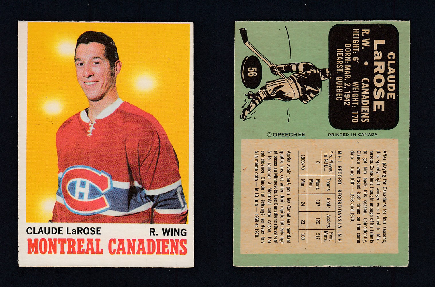 1970-71 O-PEE-CHEE HOCKEY CARD  #56 C. LAROSE photo