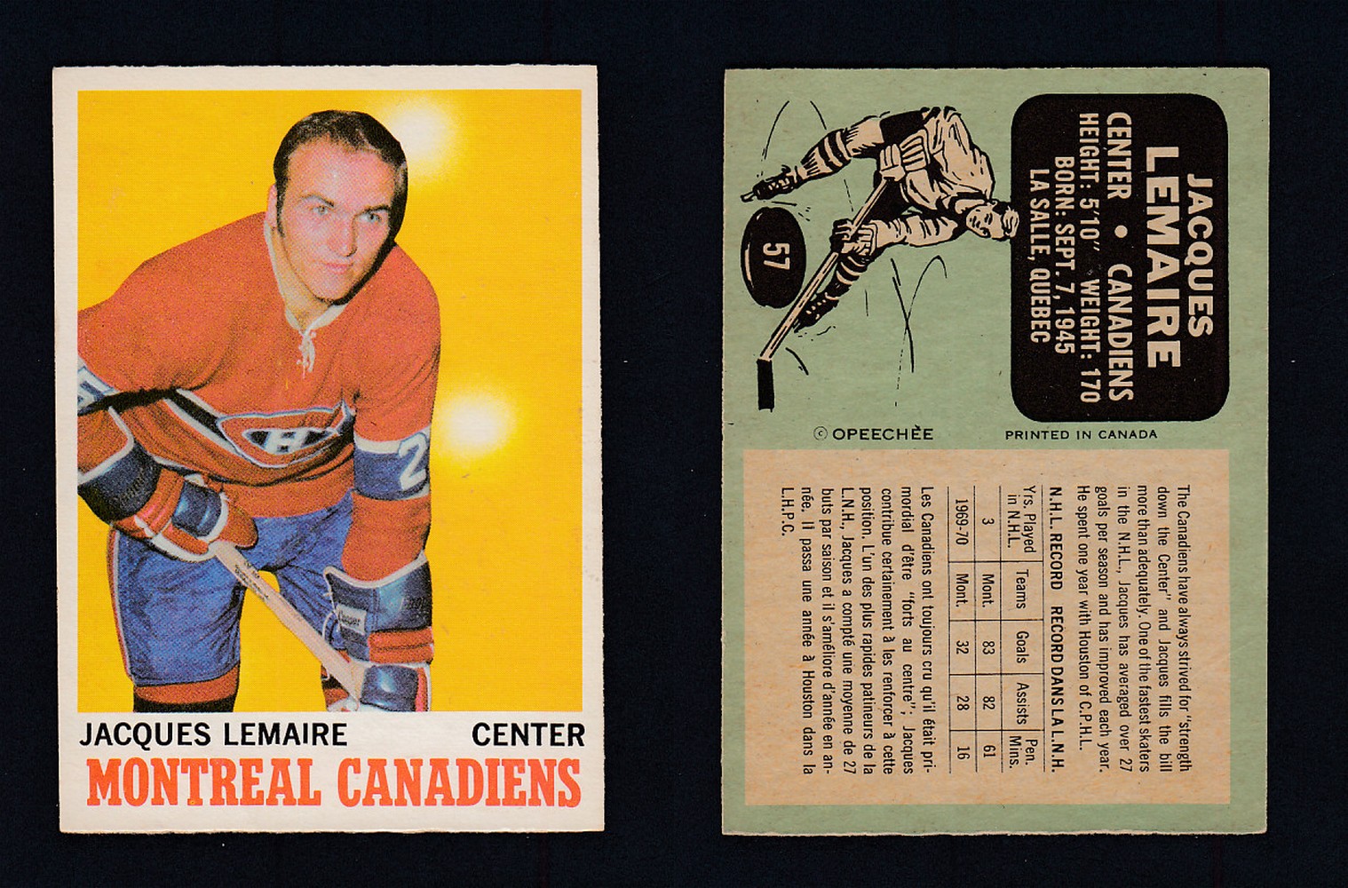 1970-71 O-PEE-CHEE HOCKEY CARD  #57 J. LEMAIRE photo