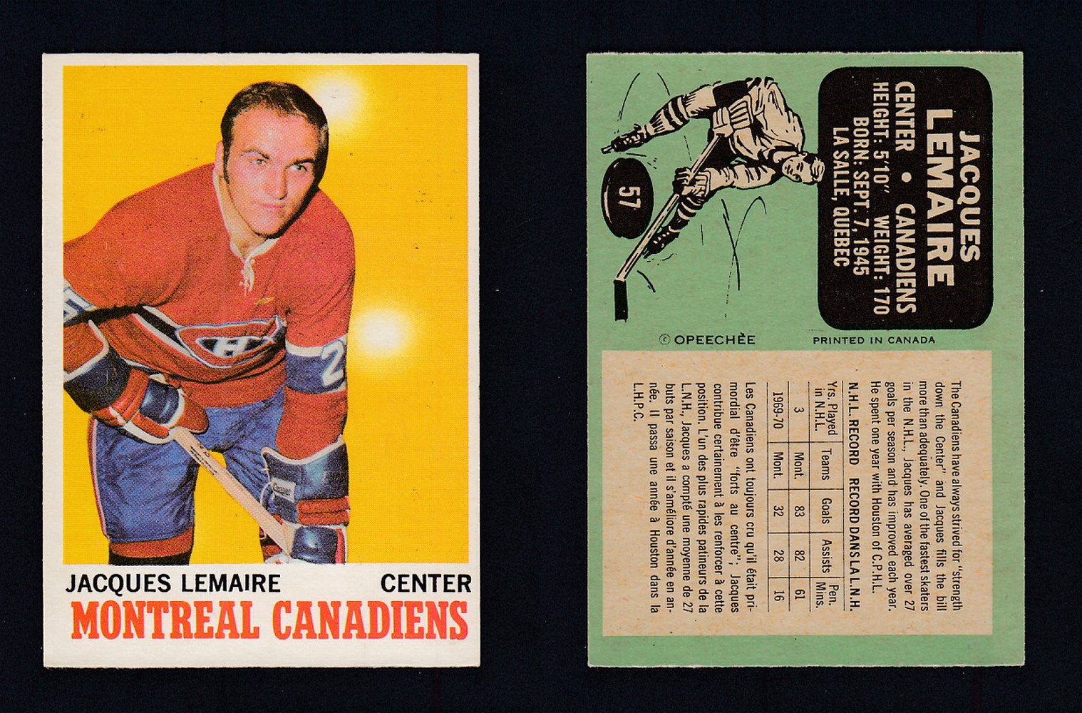 1970-71 O-PEE-CHEE HOCKEY CARD  #57 J. LEMAIRE photo