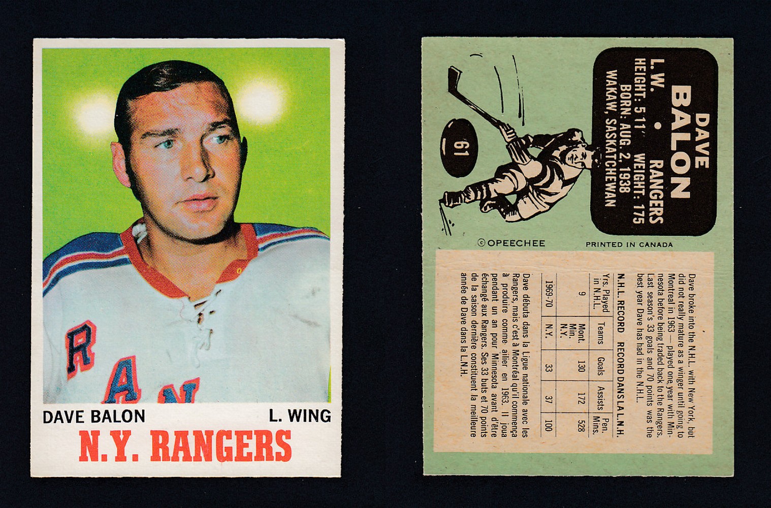 1970-71 O-PEE-CHEE HOCKEY CARD  #61 D.BALON photo