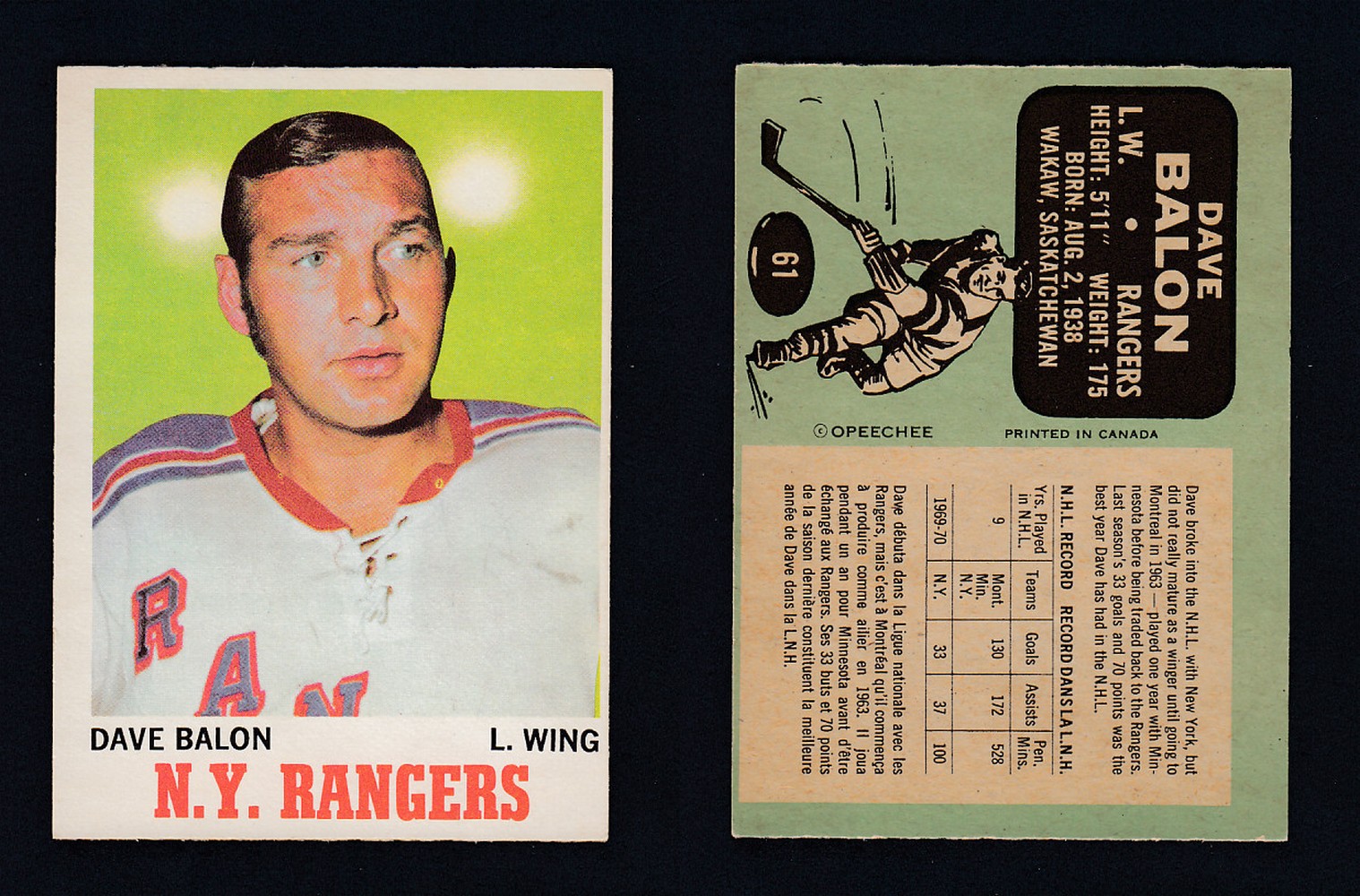 1970-71 O-PEE-CHEE HOCKEY CARD  #61 D.BALON photo