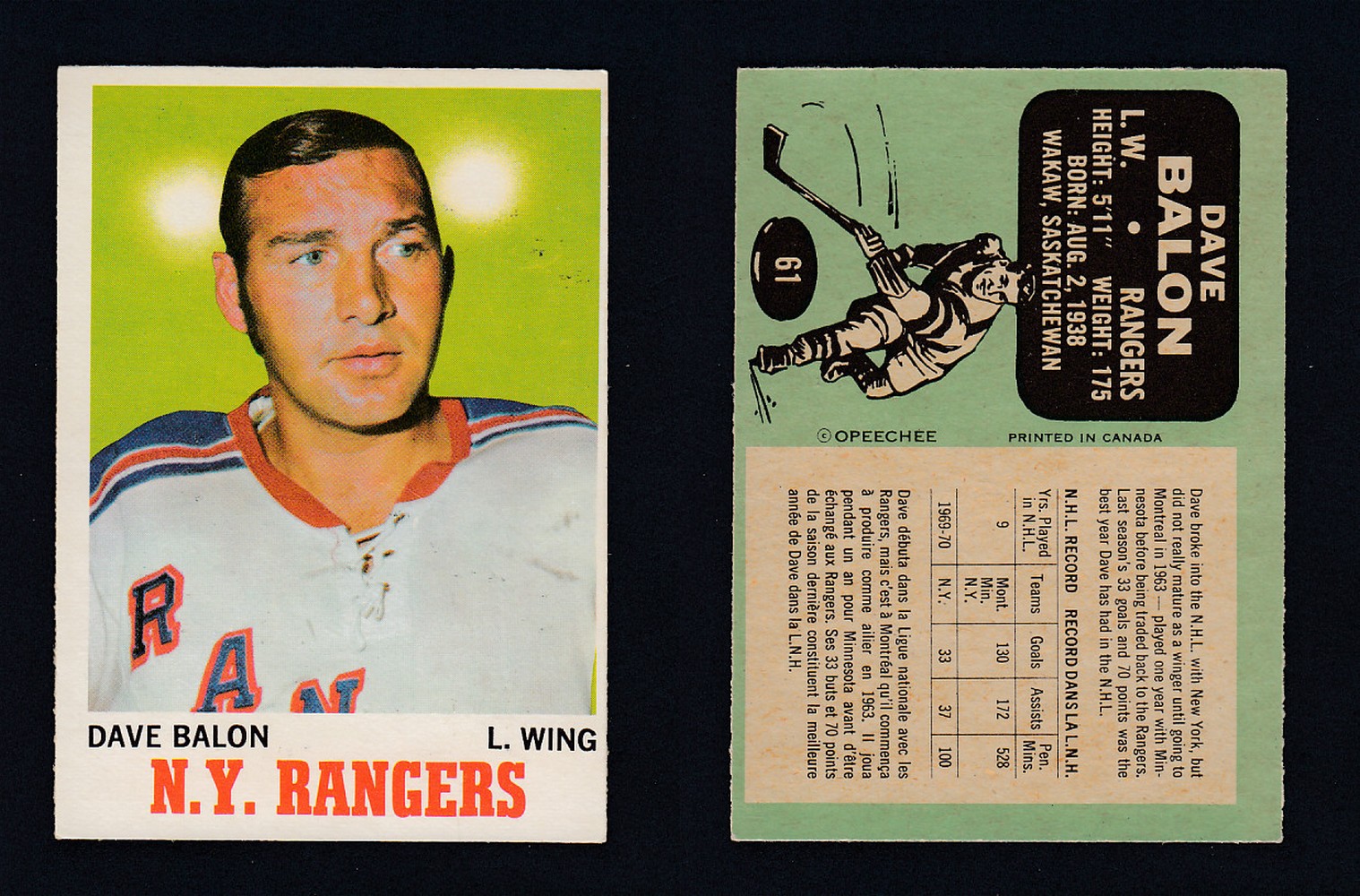 1970-71 O-PEE-CHEE HOCKEY CARD  #61 D.BALON photo