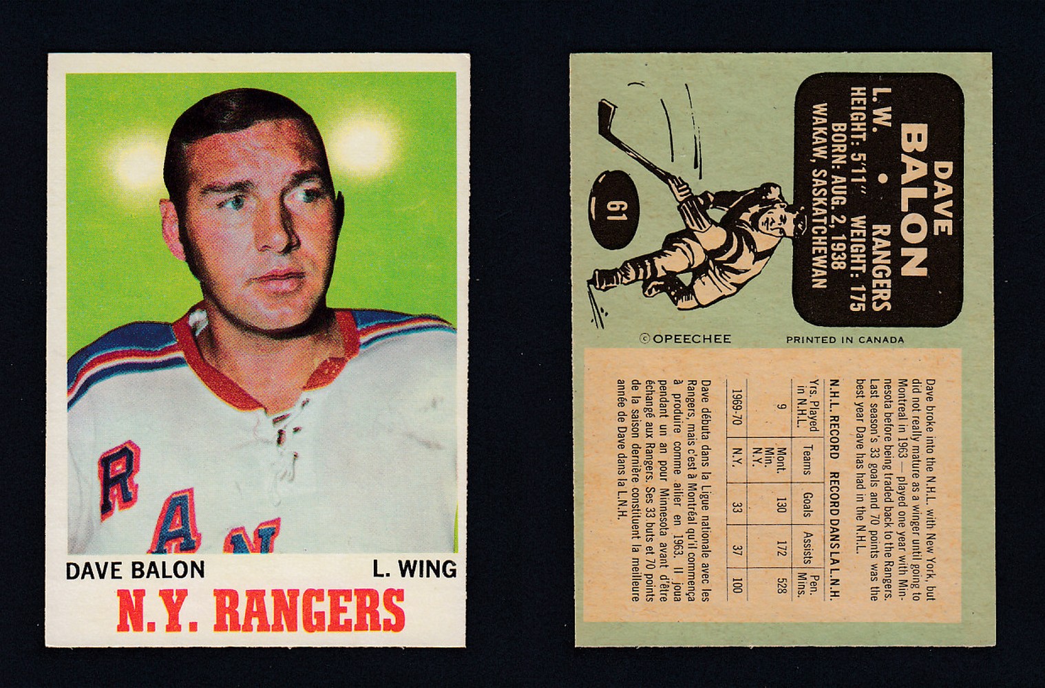 1970-71 O-PEE-CHEE HOCKEY CARD  #61 D.BALON photo