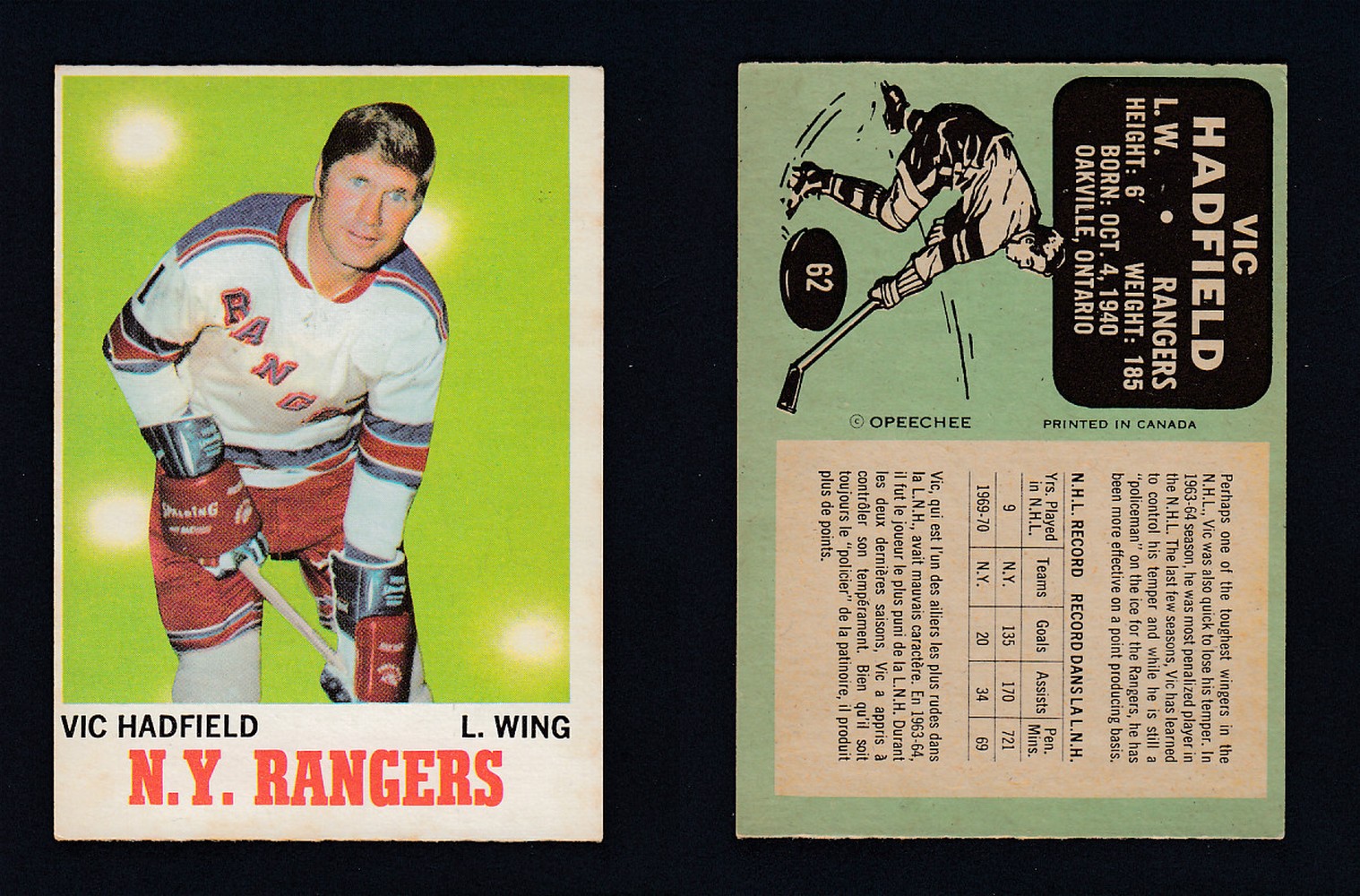 1970-71 O-PEE-CHEE HOCKEY CARD  #62 V.HADFIELD photo