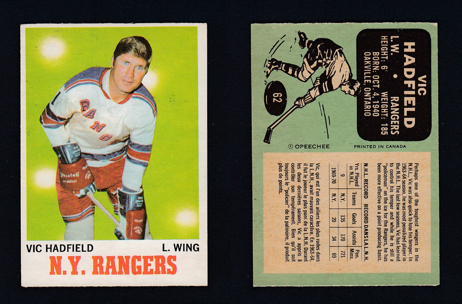 1970-71 O-PEE-CHEE HOCKEY CARD  #62 V.HADFIELD photo