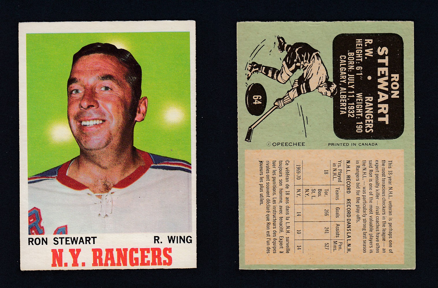 1970-71 O-PEE-CHEE HOCKEY CARD  #64 R. STEWART photo
