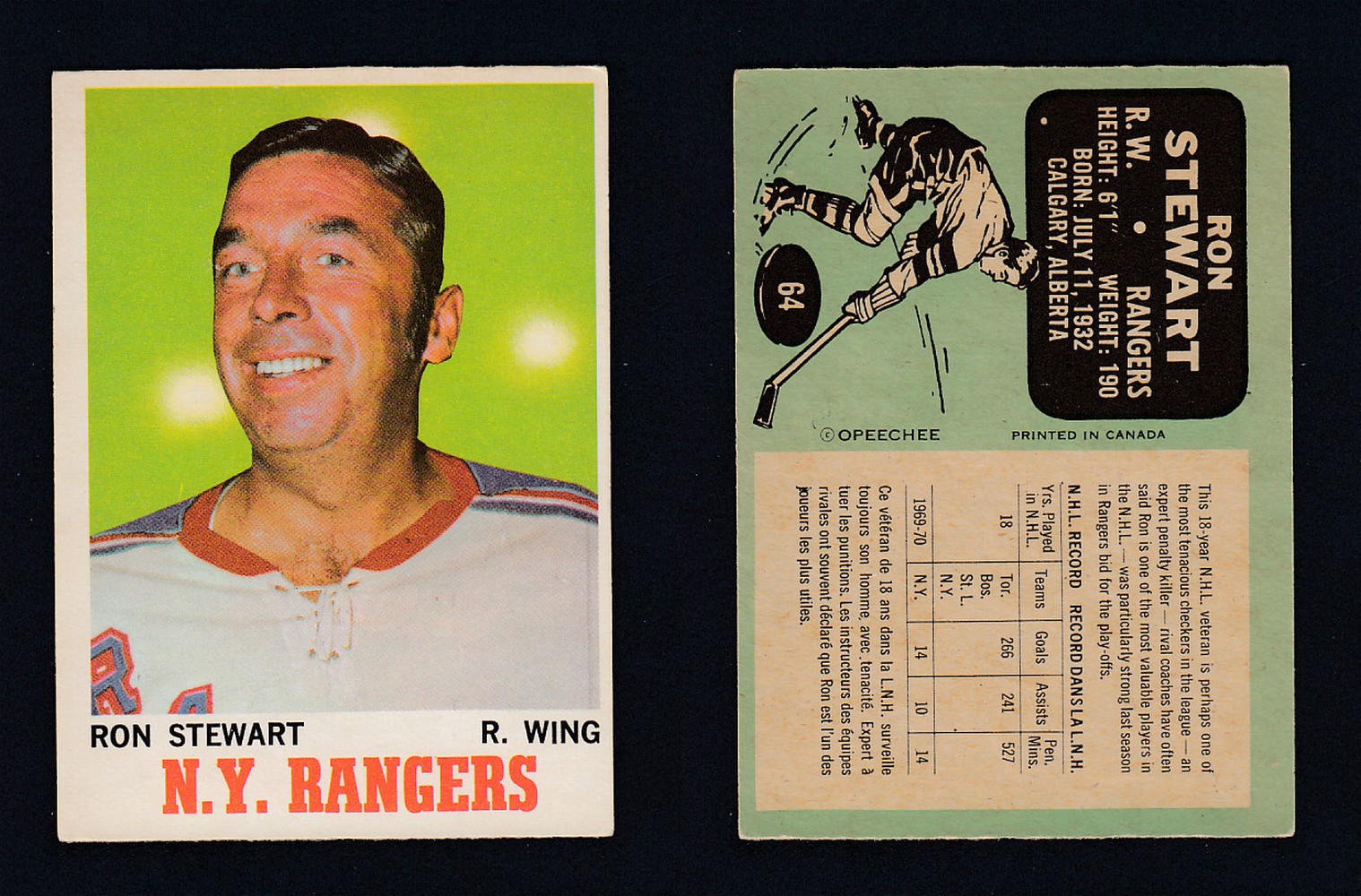 1970-71 O-PEE-CHEE HOCKEY CARD  #64 R. STEWART photo