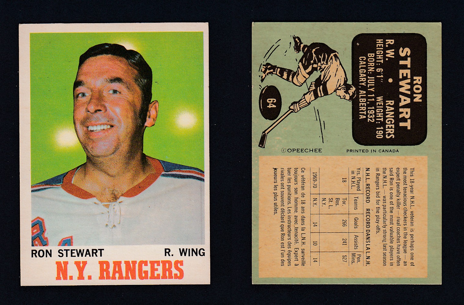 1970-71 O-PEE-CHEE HOCKEY CARD  #64 R. STEWART photo