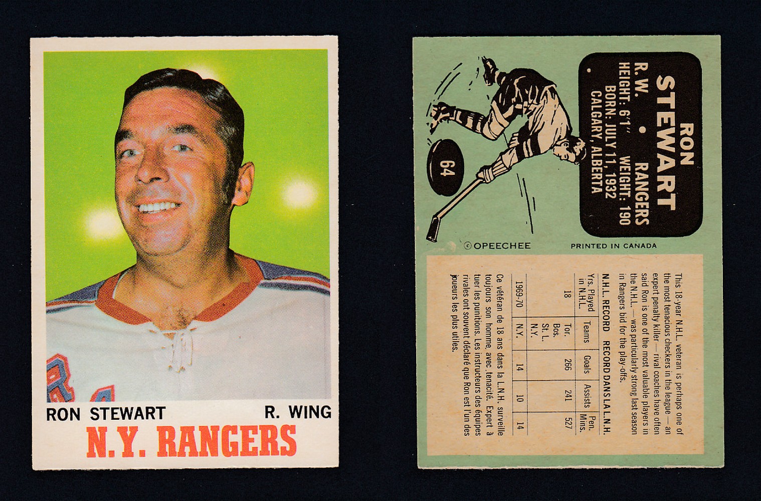 1970-71 O-PEE-CHEE HOCKEY CARD  #64 R. STEWART photo