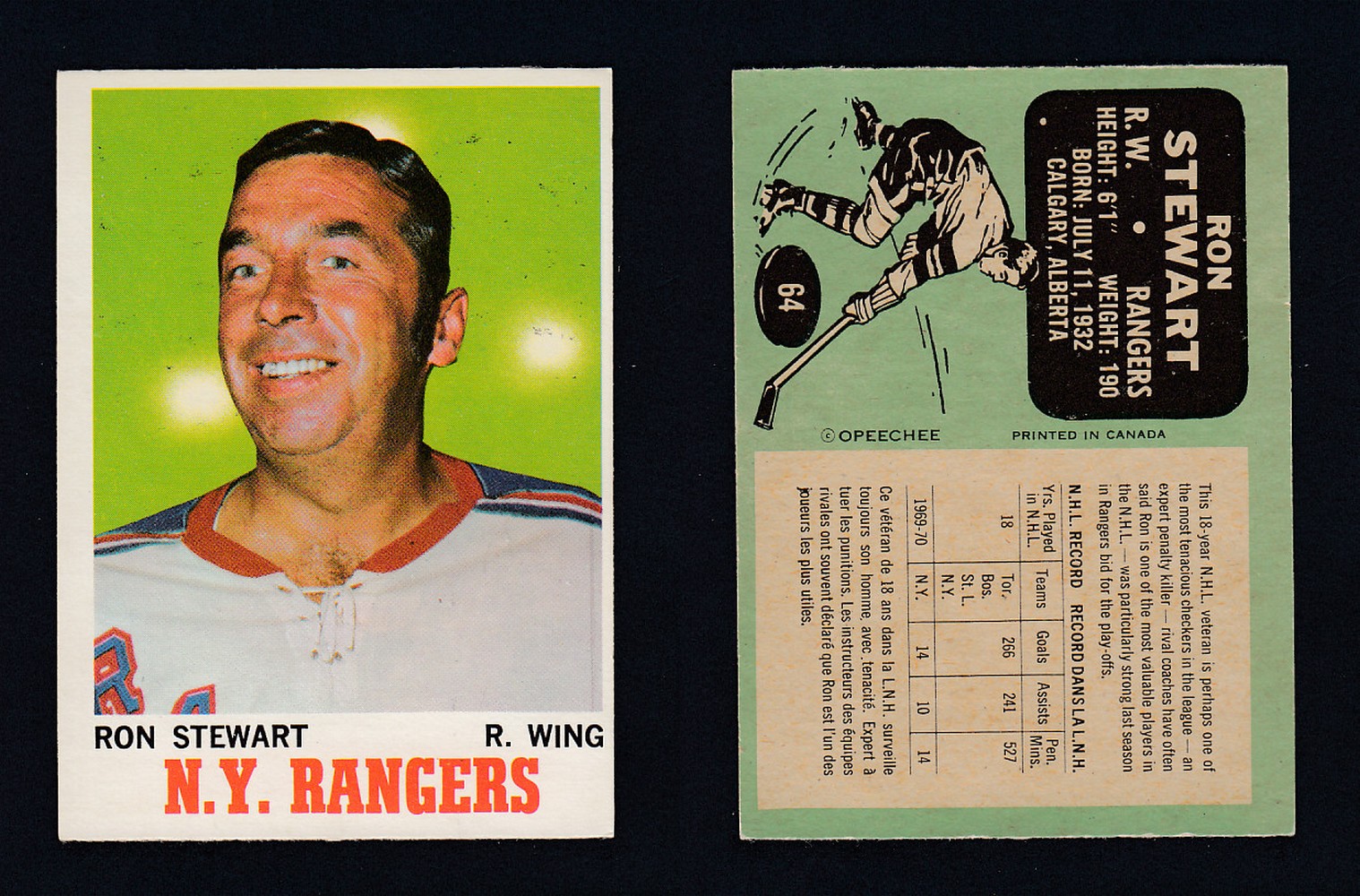 1970-71 O-PEE-CHEE HOCKEY CARD  #64 R. STEWART photo