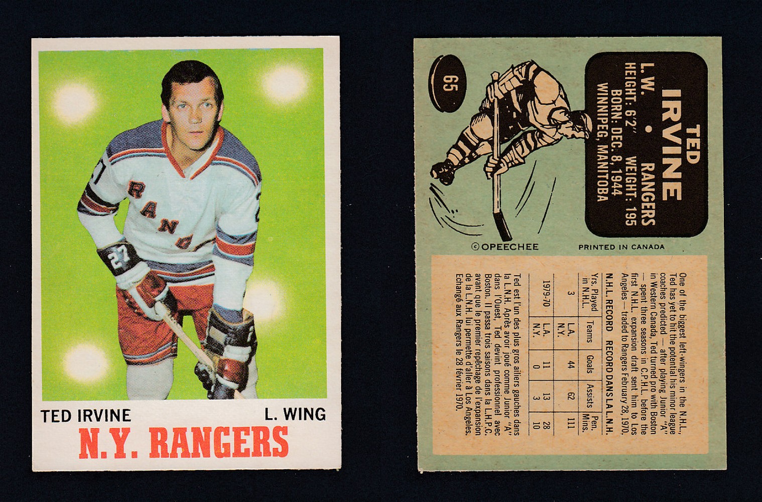 1970-71 O-PEE-CHEE HOCKEY CARD  #65 T. IRVINE photo