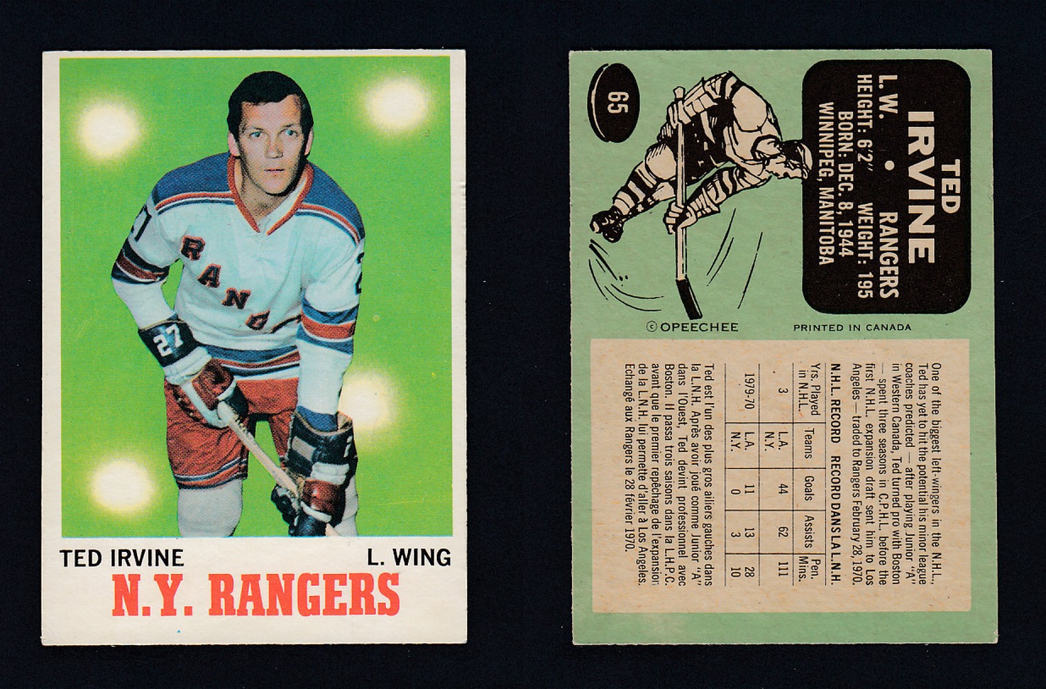 1970-71 O-PEE-CHEE HOCKEY CARD  #65 T. IRVINE photo