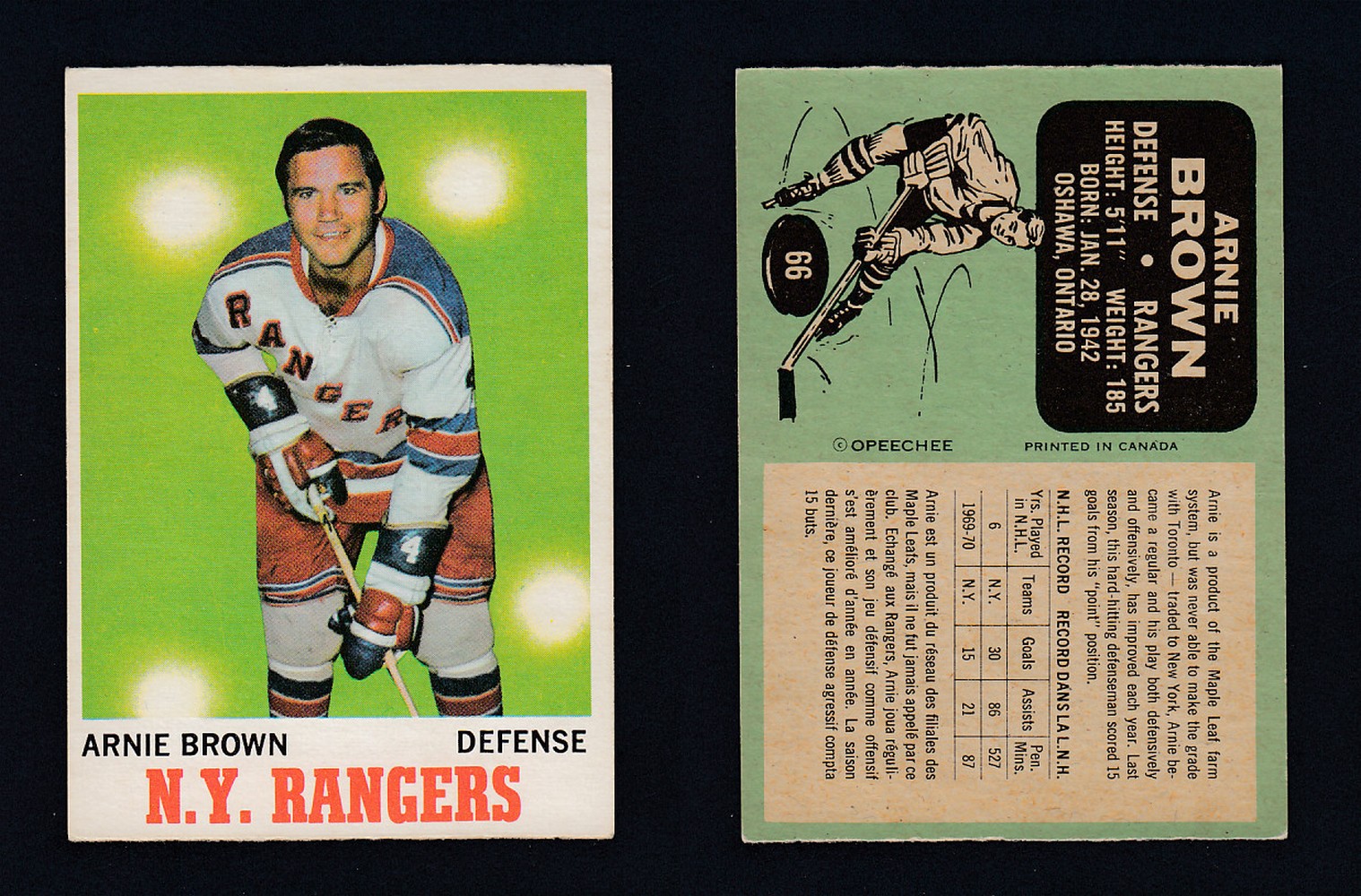 1970-71 O-PEE-CHEE HOCKEY CARD  #66 A. BROWN photo