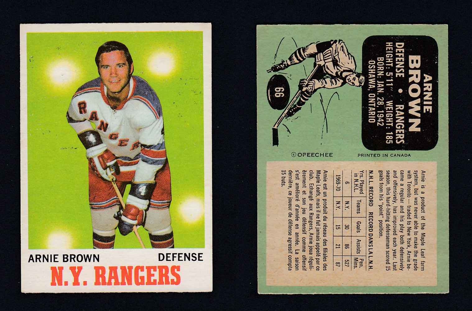 1970-71 O-PEE-CHEE HOCKEY CARD  #66 A. BROWN photo