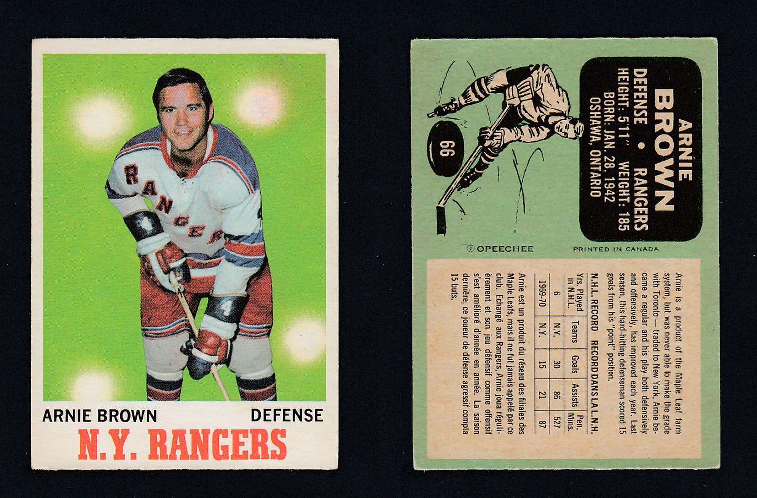 1970-71 O-PEE-CHEE HOCKEY CARD  #66 A. BROWN photo