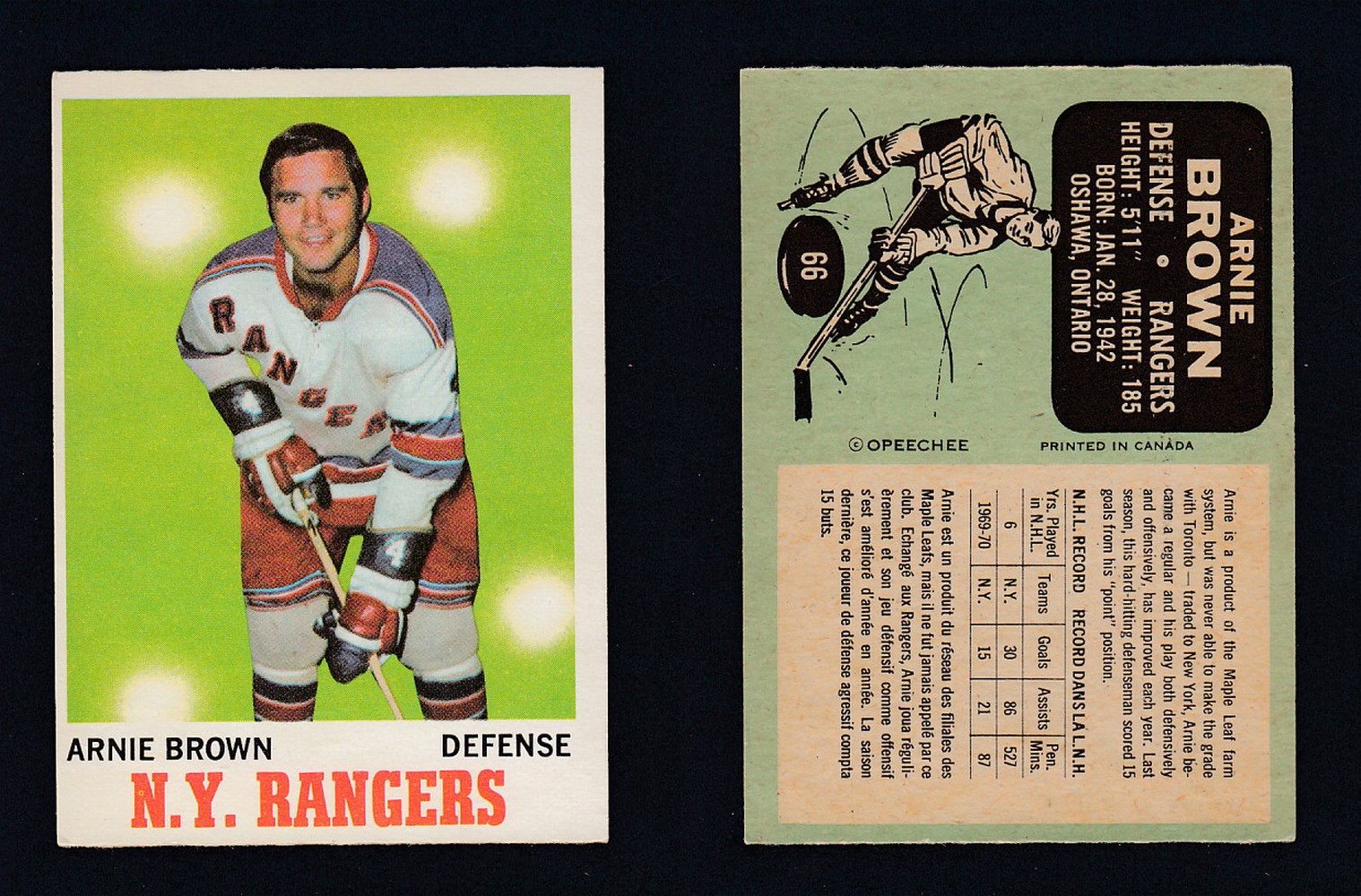 1970-71 O-PEE-CHEE HOCKEY CARD  #66 A. BROWN photo