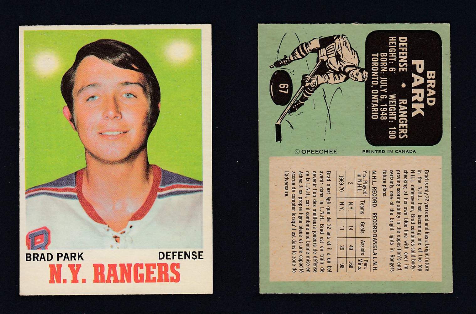 1970-71 O-PEE-CHEE HOCKEY CARD  #67 B. PARK photo