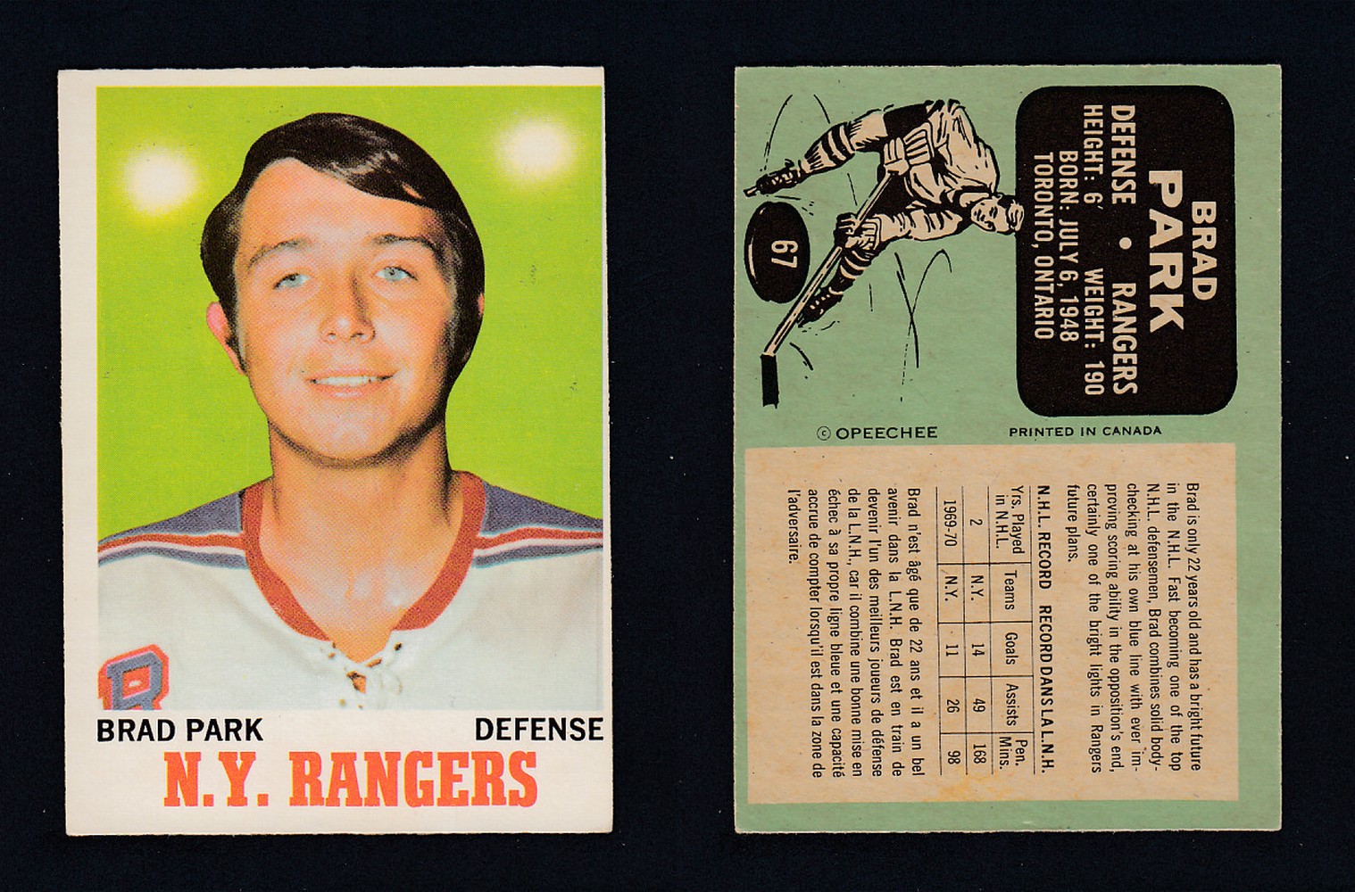 1970-71 O-PEE-CHEE HOCKEY CARD  #67 B. PARK photo