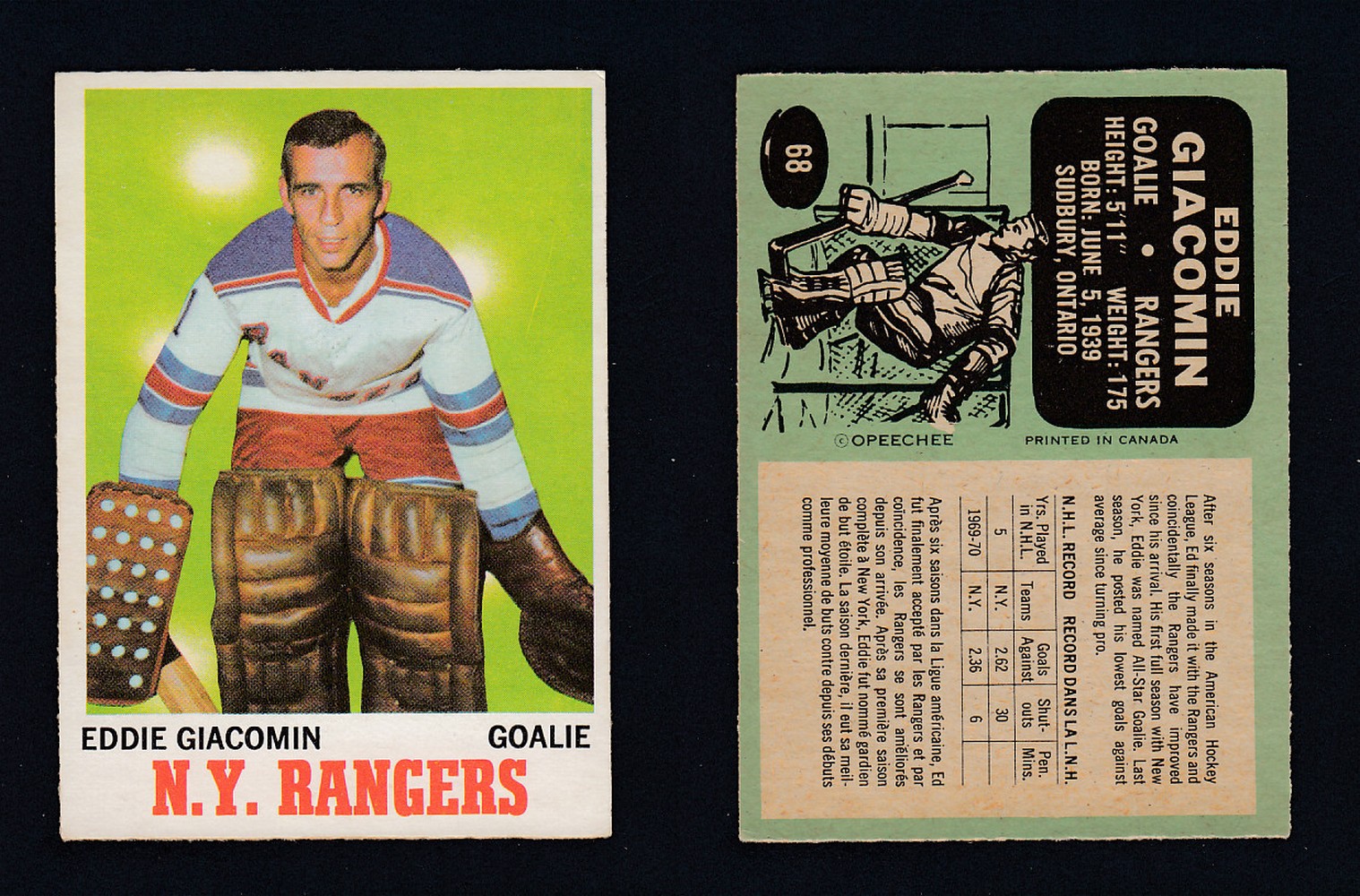 1970-71 O-PEE-CHEE HOCKEY CARD  #68 E. GIACOMIN photo