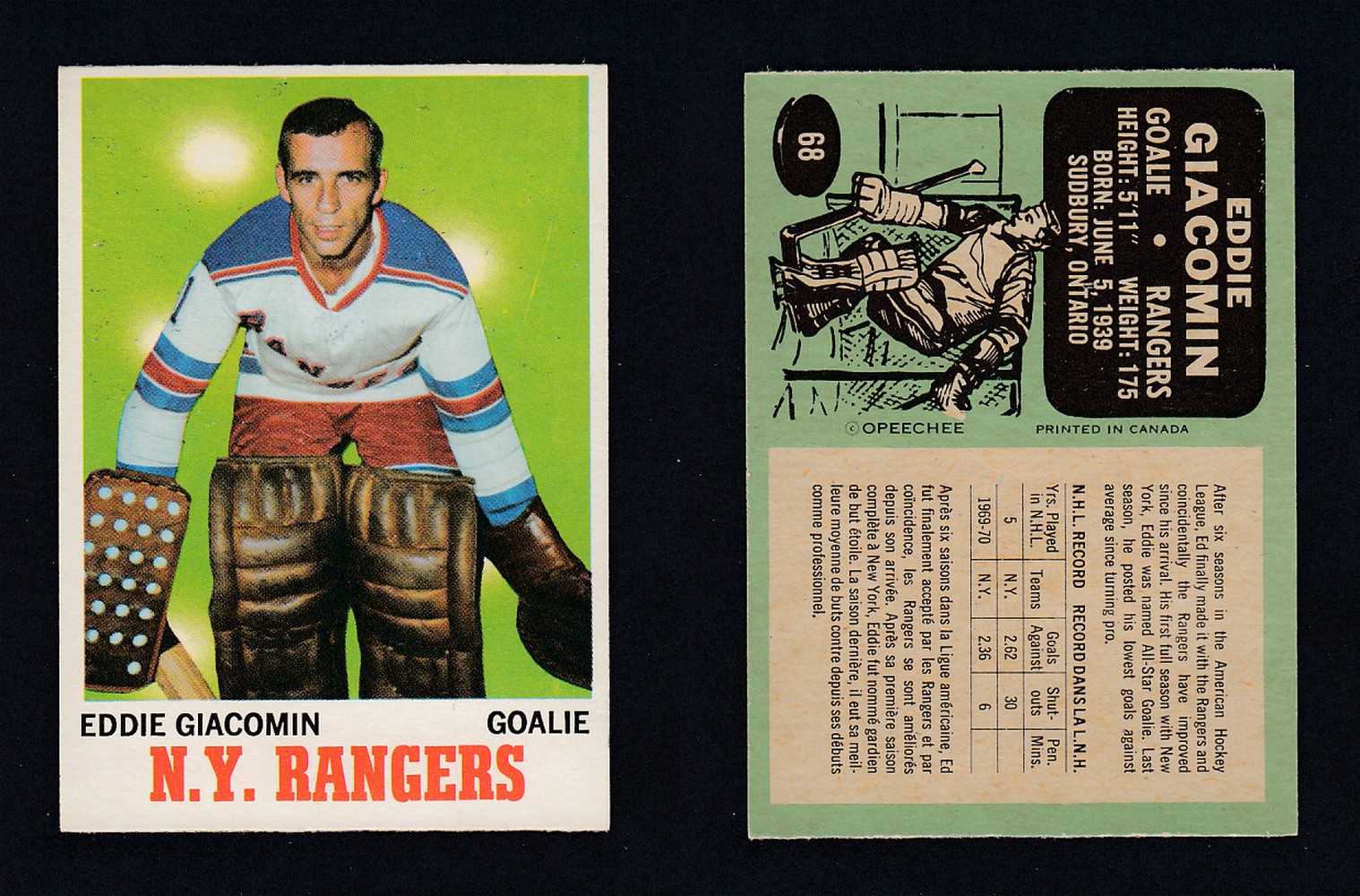 1970-71 O-PEE-CHEE HOCKEY CARD  #68 E. GIACOMIN photo