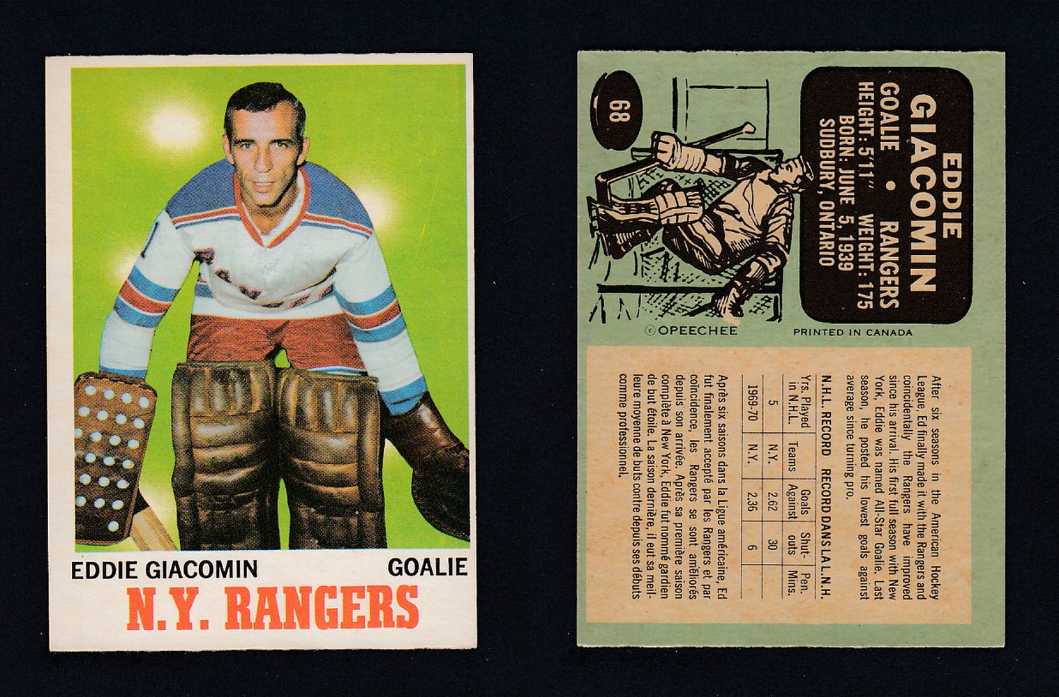 1970-71 O-PEE-CHEE HOCKEY CARD  #68 E. GIACOMIN photo