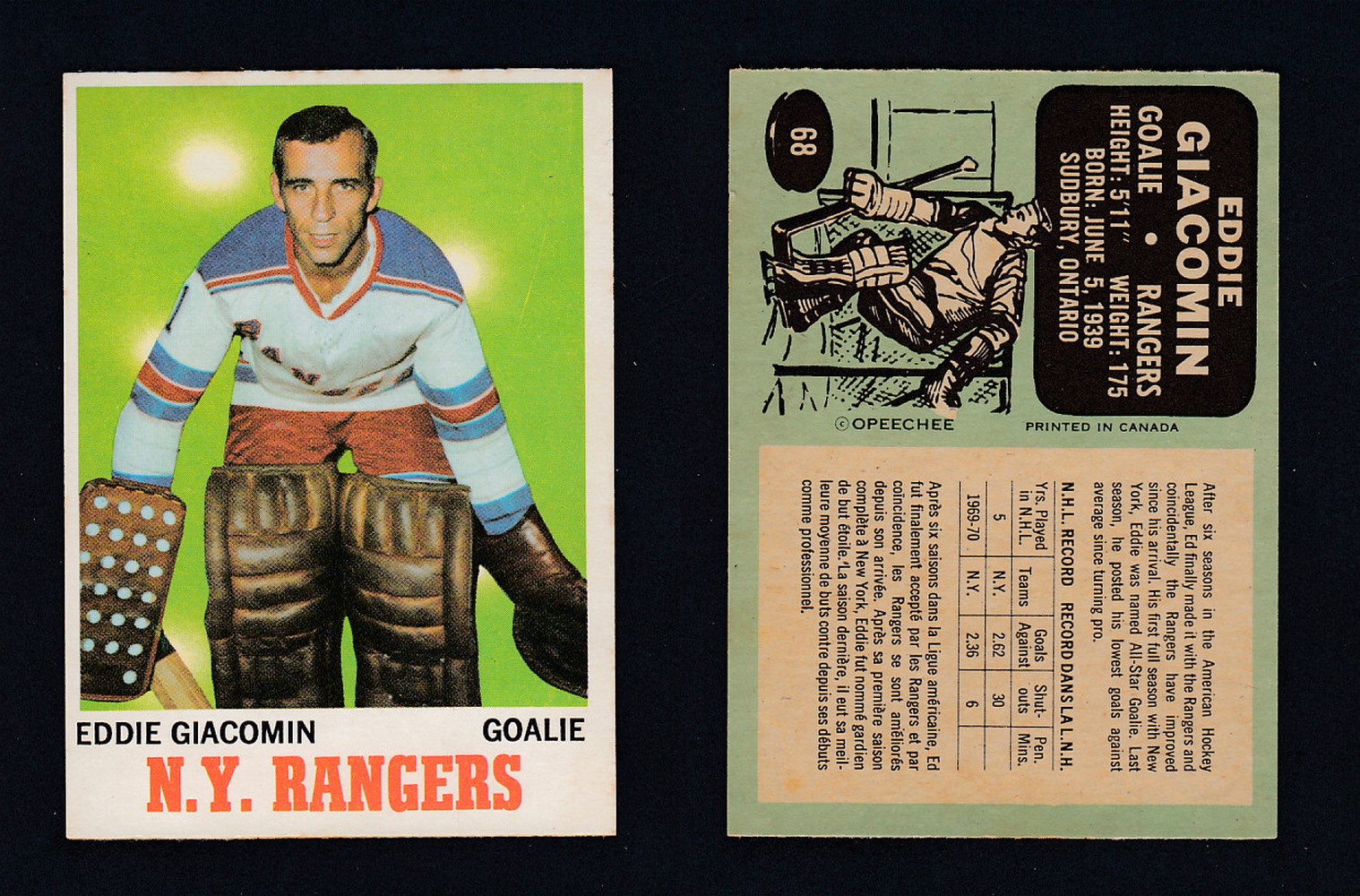 1970-71 O-PEE-CHEE HOCKEY CARD  #68 E. GIACOMIN photo