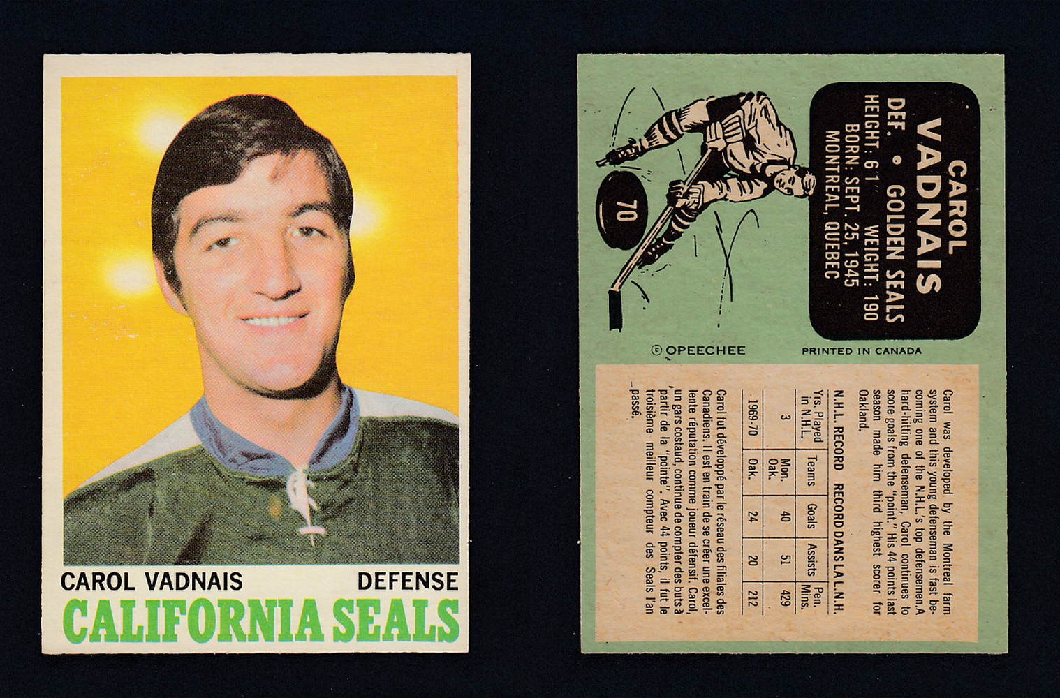 1970-71 O-PEE-CHEE HOCKEY CARD  #70 C. VADNAIS photo