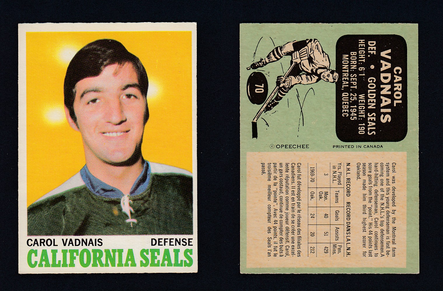 1970-71 O-PEE-CHEE HOCKEY CARD  #70 C. VADNAIS photo