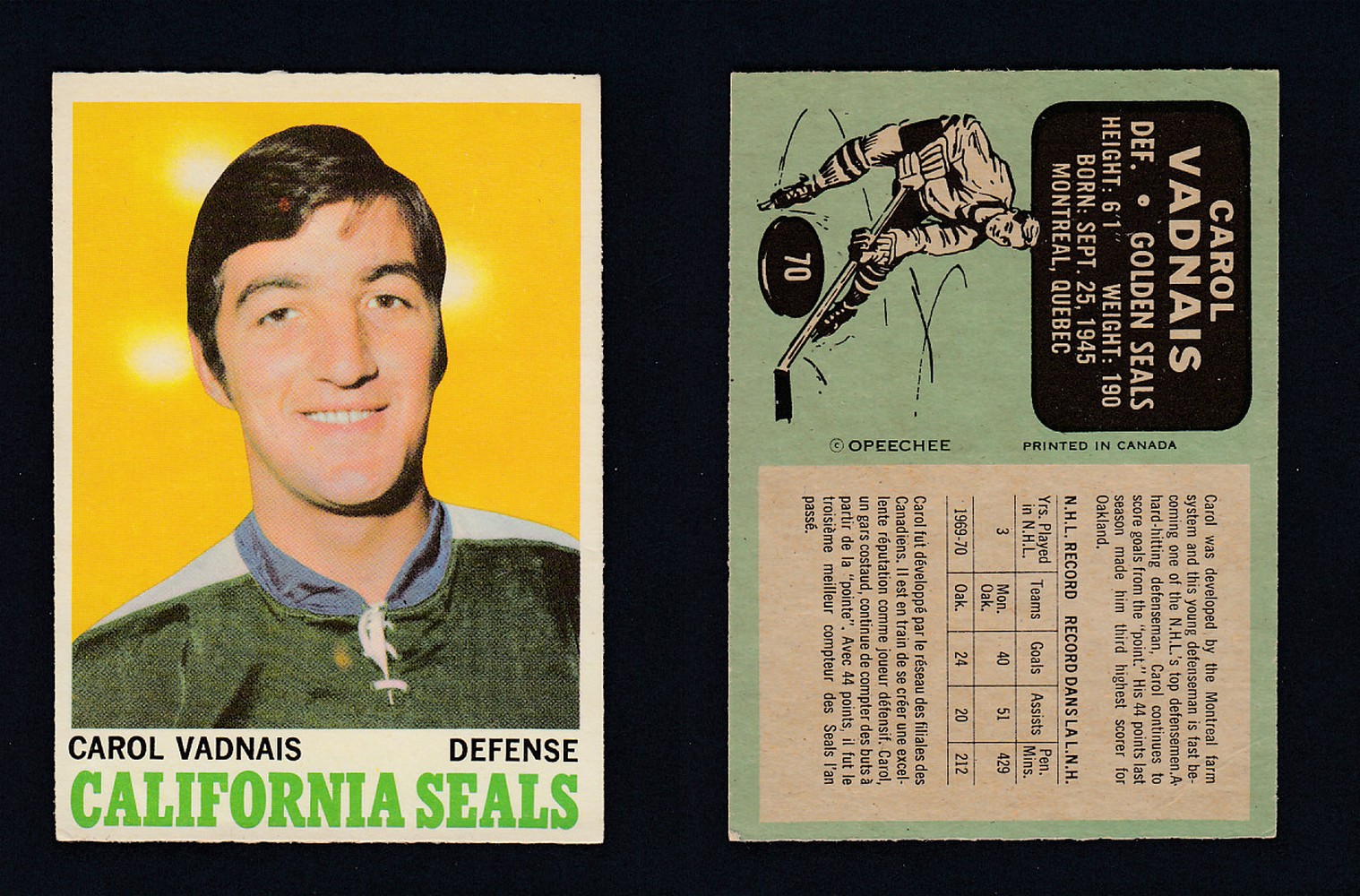 1970-71 O-PEE-CHEE HOCKEY CARD  #70 C. VADNAIS photo