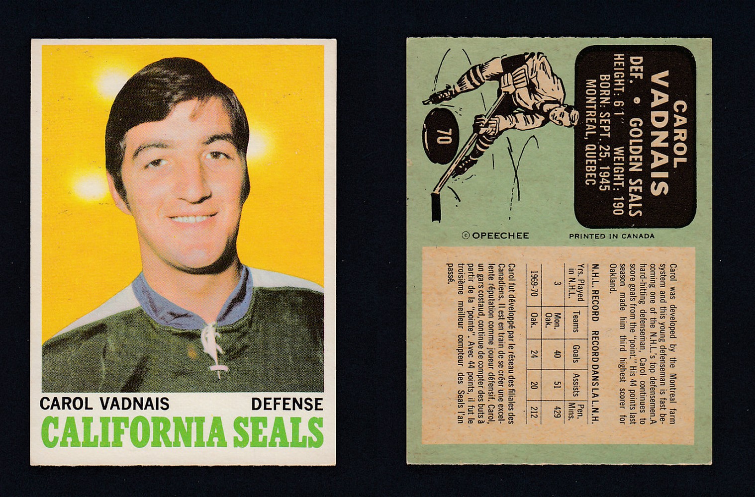 1970-71 O-PEE-CHEE HOCKEY CARD  #70 C. VADNAIS photo