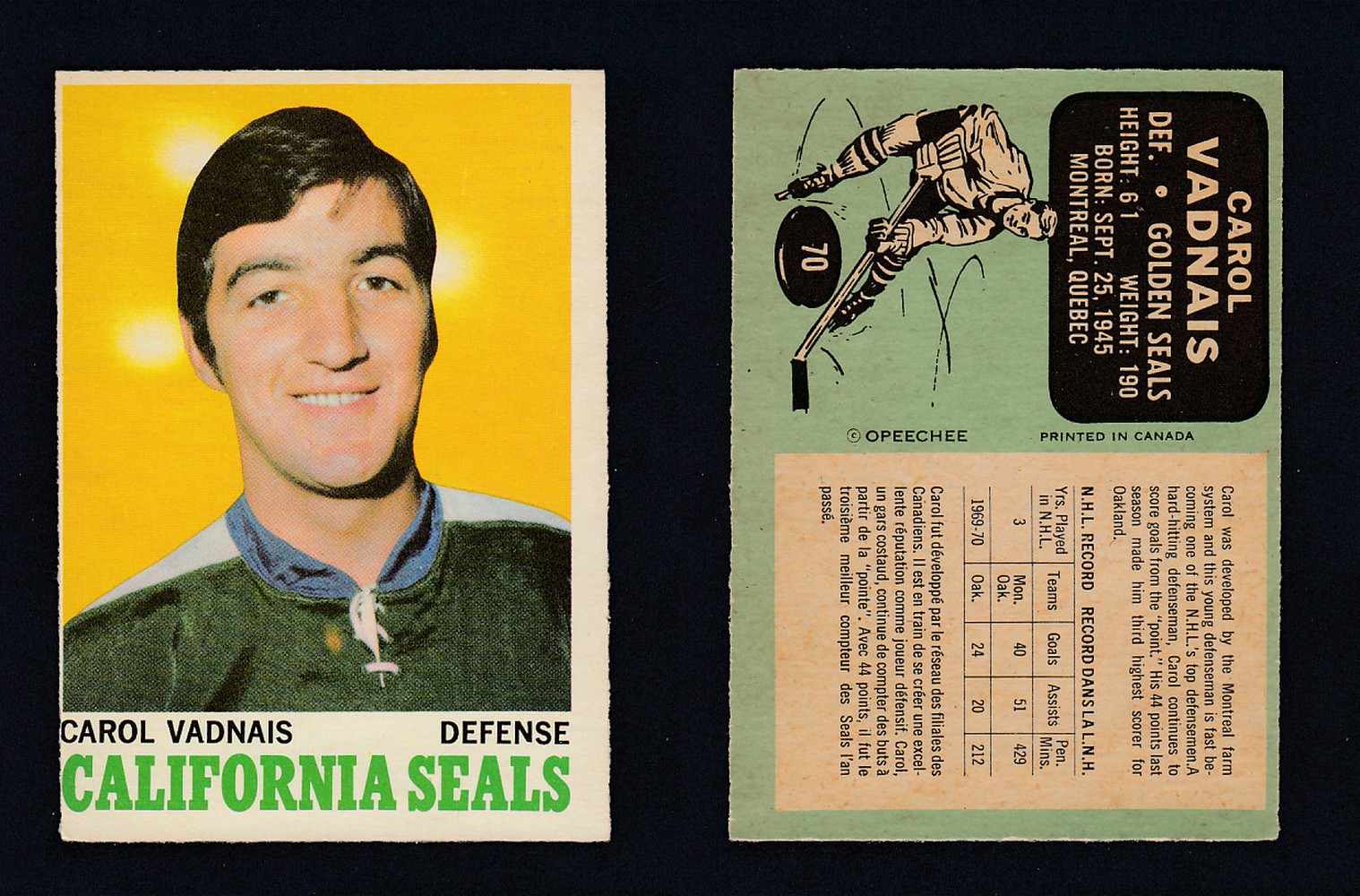 1970-71 O-PEE-CHEE HOCKEY CARD  #70 C. VADNAIS photo