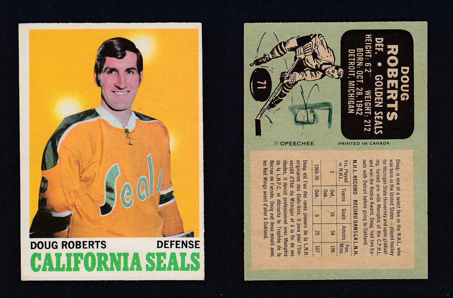1970-71 O-PEE-CHEE HOCKEY CARD  #71 D. ROBERTS photo