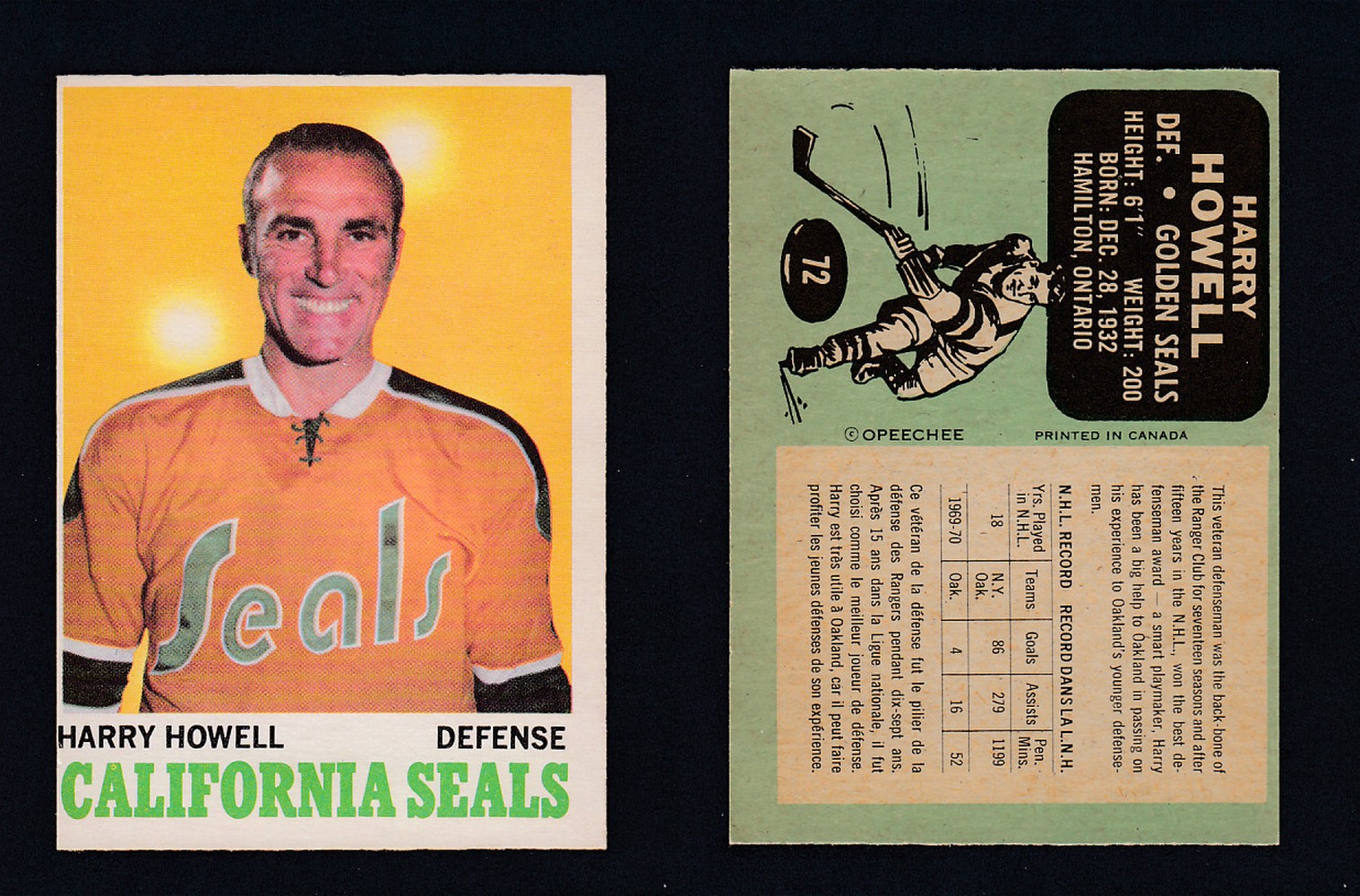 1970-71 O-PEE-CHEE HOCKEY CARD  #72 H. HOWELL photo