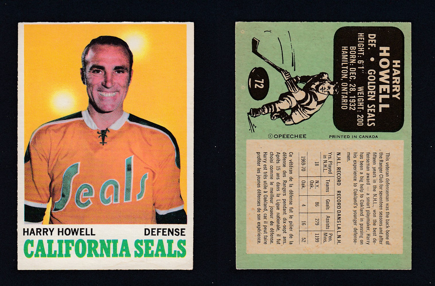 1970-71 O-PEE-CHEE HOCKEY CARD  #72 H. HOWELL photo