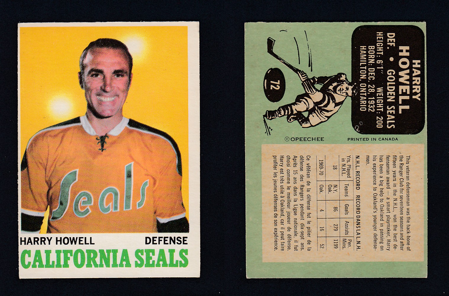 1970-71 O-PEE-CHEE HOCKEY CARD  #72 H. HOWELL photo
