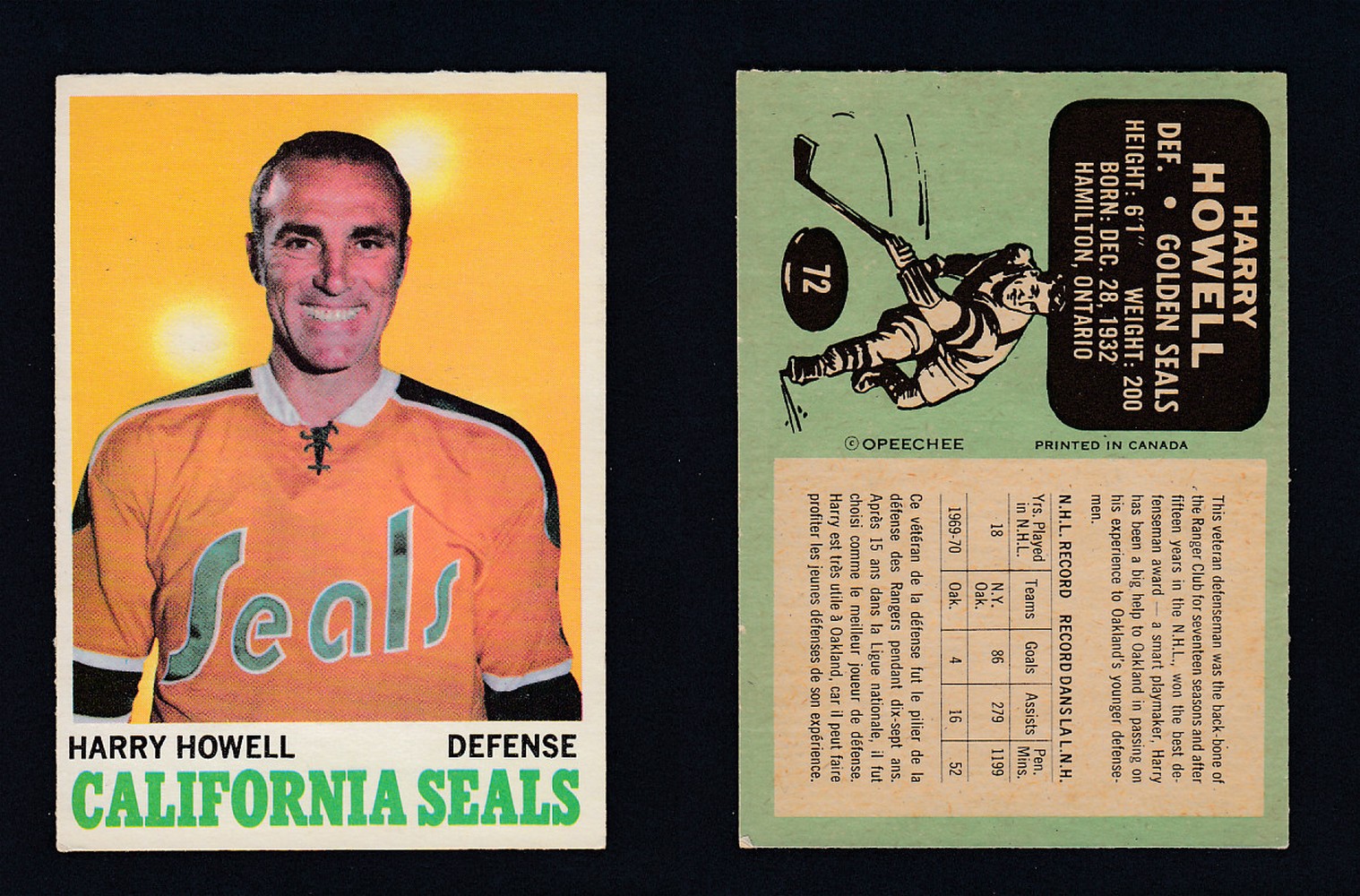 1970-71 O-PEE-CHEE HOCKEY CARD  #72 H. HOWELL photo