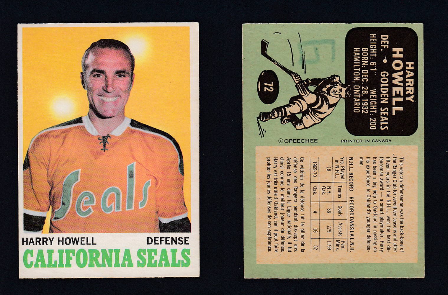1970-71 O-PEE-CHEE HOCKEY CARD  #72 H. HOWELL photo