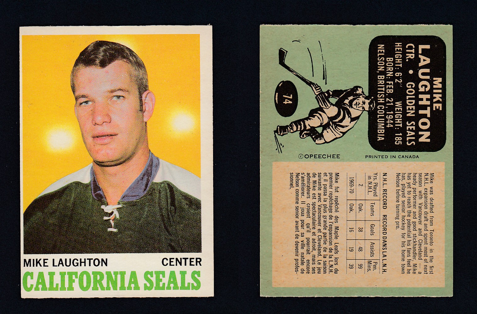1970-71 O-PEE-CHEE HOCKEY CARD #74 M. LAUGHTON photo 1970-71 O-PEE-CHEE HOCKEY CARD #74 M. LAUGHTON photo